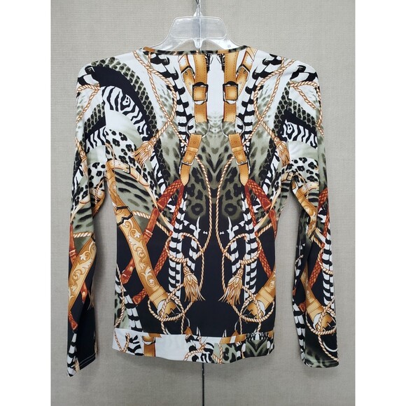 Elysee 26 Equestrian Chain Print Animal Mesh Overlay Crossover Gathered Blouse M - Picture 5 of 6